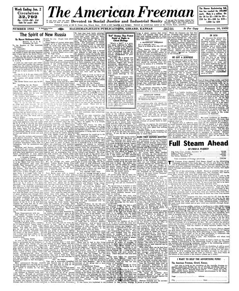 (image for) The American Freeman, Number 1885, Jan. 16, 1932 - Click Image to Close